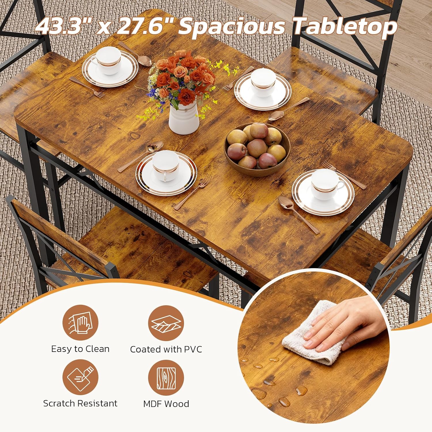 Zevemomo 5-Piece Dining Table Set, Breakfast Nook Table Set, Kitchen Table Chairs Set of 4, Small Dining Table Set for 4 X-Shaped Curved Backrest Chairs, for Small Spaces & Living Room-Rustic Brown
