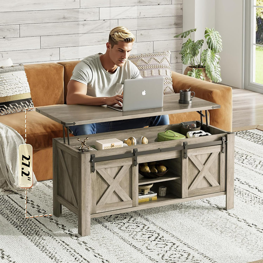 WLIVE 47.2' Farmhouse Lift Top Coffee Table with Sliding Barn Doors, Large Hidden Storage Compartment and Adjustable Shelf for Living Room,Office, Greige