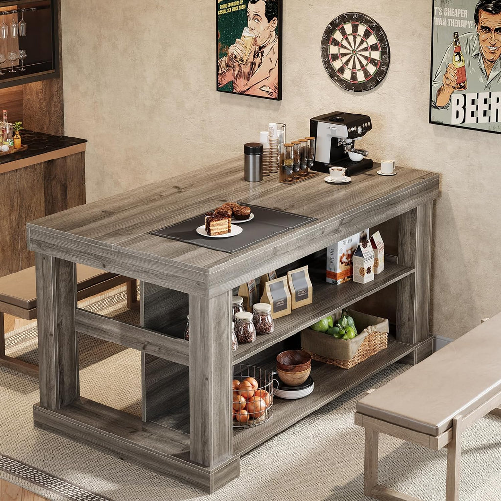 Tribesigns Bar Table, 55-Inch Counter Height Pub Table with Storage Shelves, High Top Kitchen Dining Table, Rectangle Wood Home Bar Unit for Dining Room, Bistro, Grey