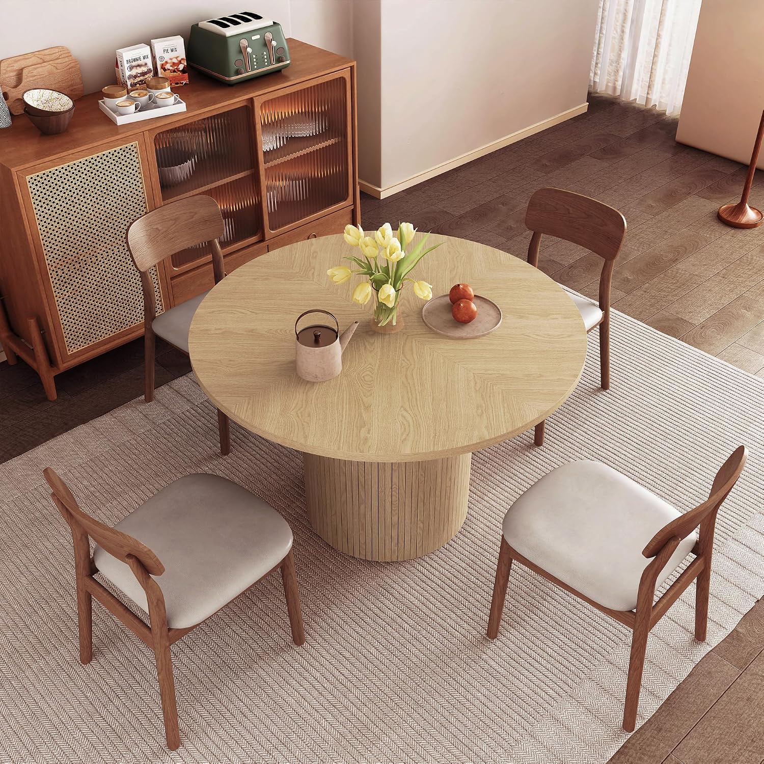 weselon Round Dining Table for 4, Modern Farmhouse Kitchen Table, 47 Inch Small Circle Dining Tables with Wood Strip Base for Kitchen Living Room (Natural)