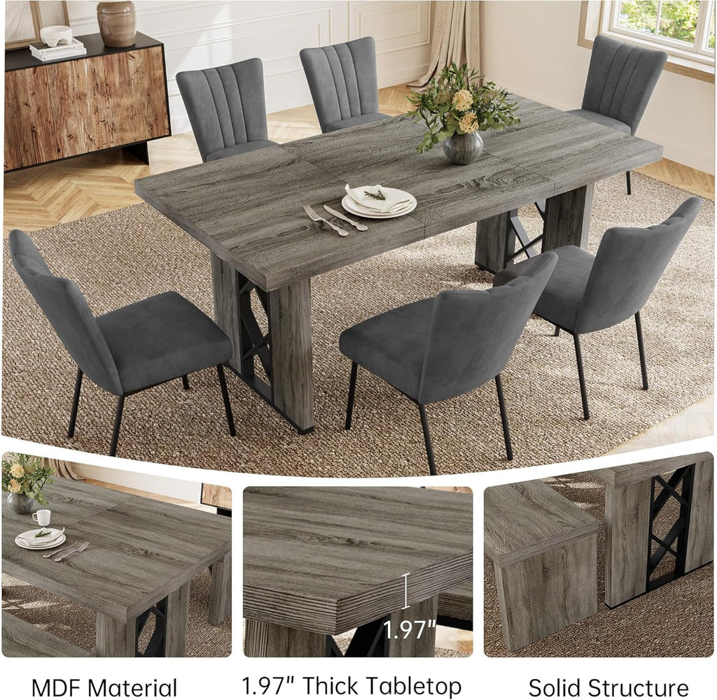 HIPIHOM 7-Piece Dining Table Set for 6 People, 70.8' MDF Kitchen Table with 6 Velvet Chairs, Space-Saving for Dining Room, Breakfast Nook(Grey Table+6 Grey Chairs)
