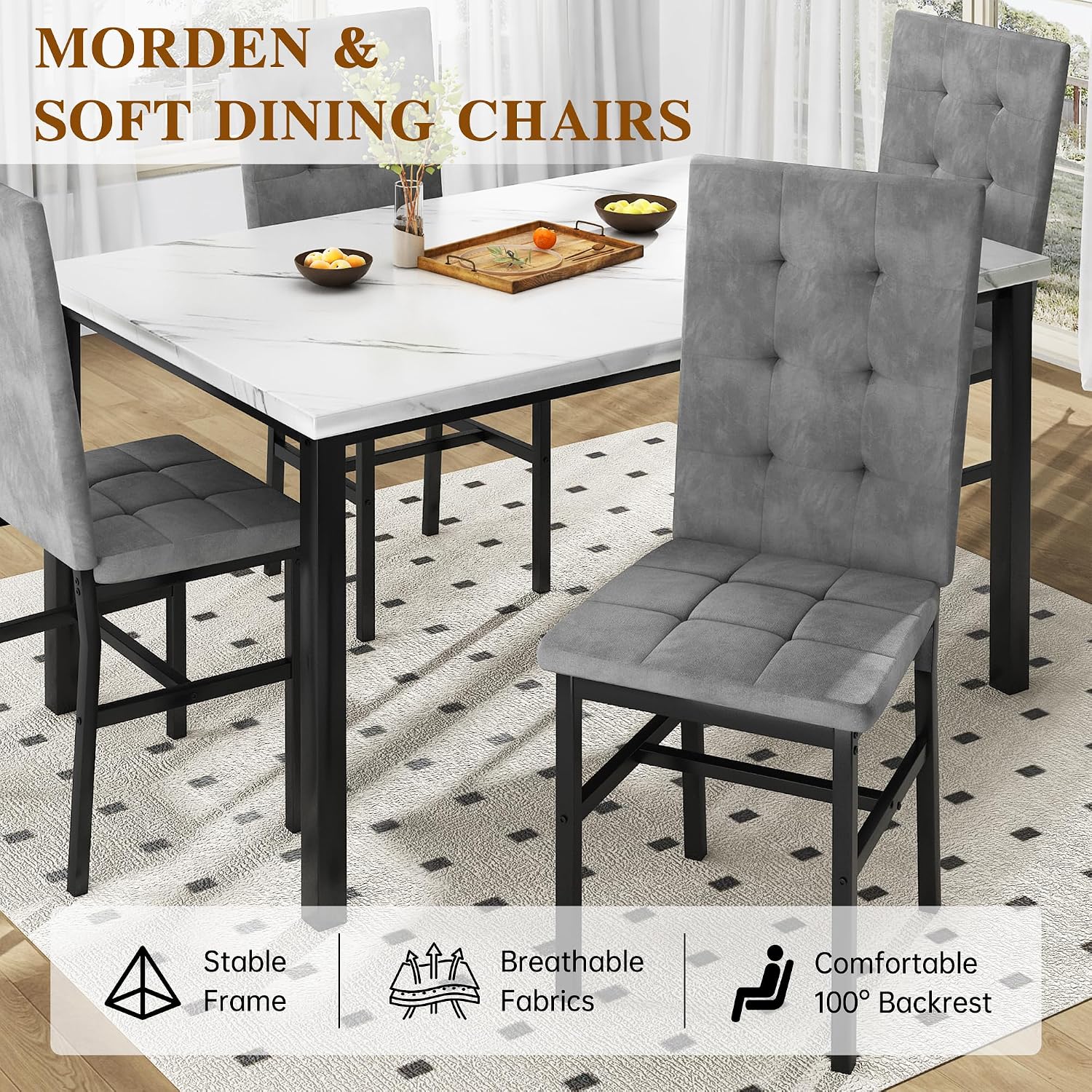 AWQM Dining Table Set for 4,Faux Marble Kitchen Table and Chairs Set of 4, Modern Dining Room Set for 4,Dinner Table Set with Velvet Chairs, Dining Set for Small Spaces,White & Grey