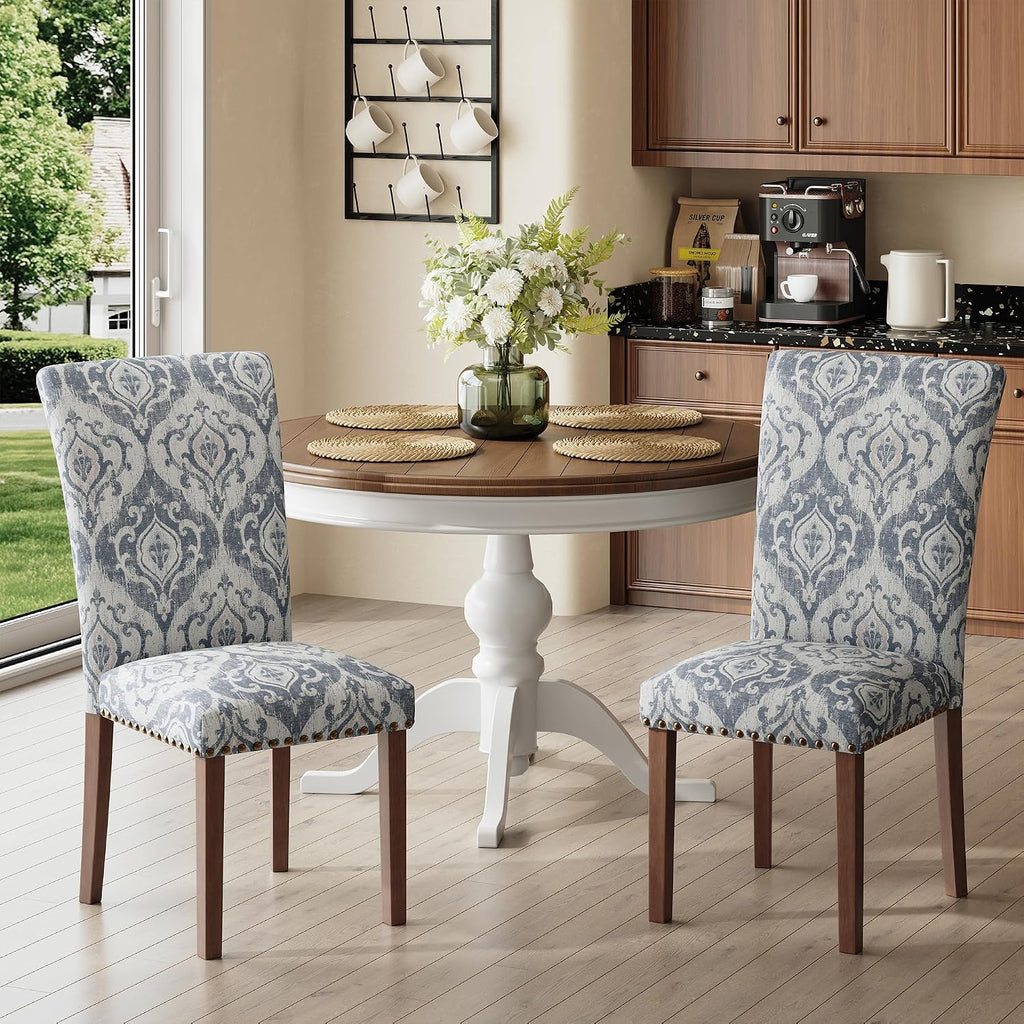 COLAMY Upholstered Parsons Dining Chairs Set of 6, Fabric Dining Room Kitchen Side Chair with Nailhead Trim and Wood Legs - Blue/White Flower