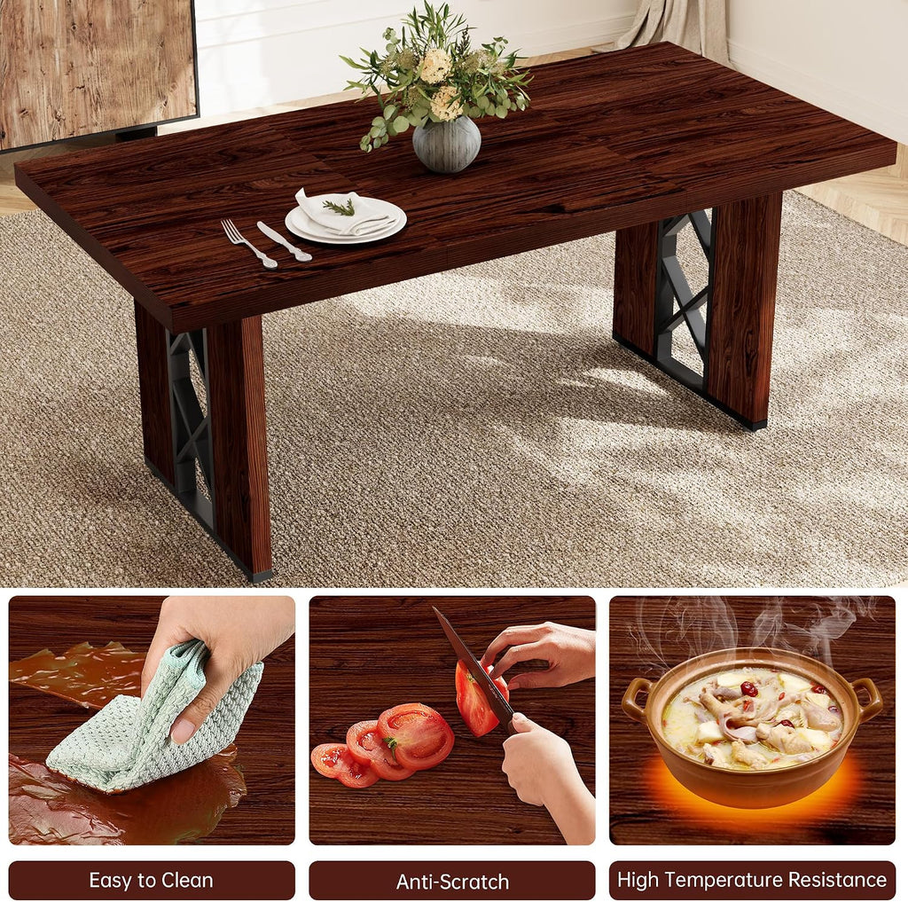 HIPIHOM 70.8' Farmhouse Dining Table for 6 People, Large Rectangle Kitchen Table with Heavy Duty Legs, Industrial Dining Room Furniture for Dinner, Walnut