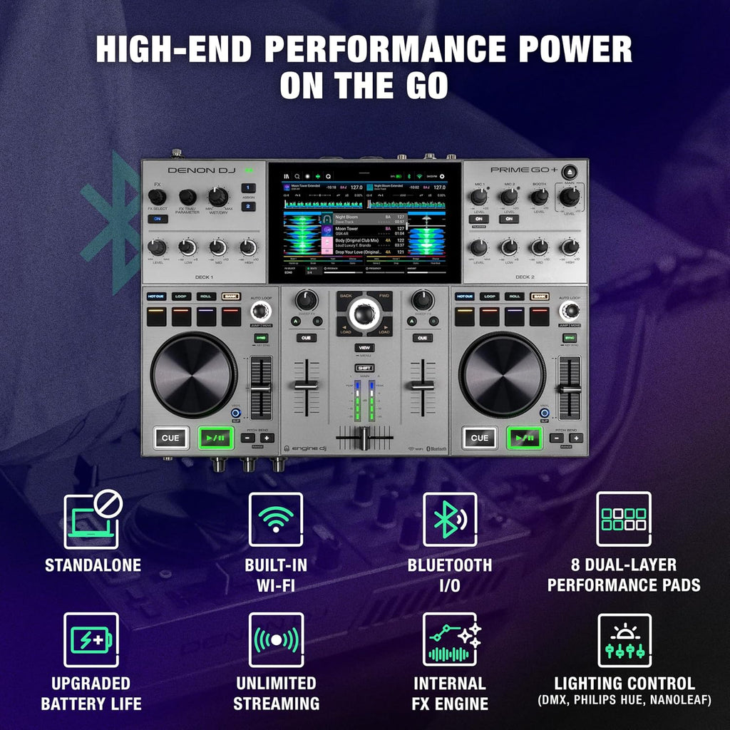 Denon DJ PRIME GO+ Portable DJ Controller and Mixer with Stem Separation, 2 Decks, Wi-Fi Streaming, Bluetooth, Lights Control, 7' Screen and Battery