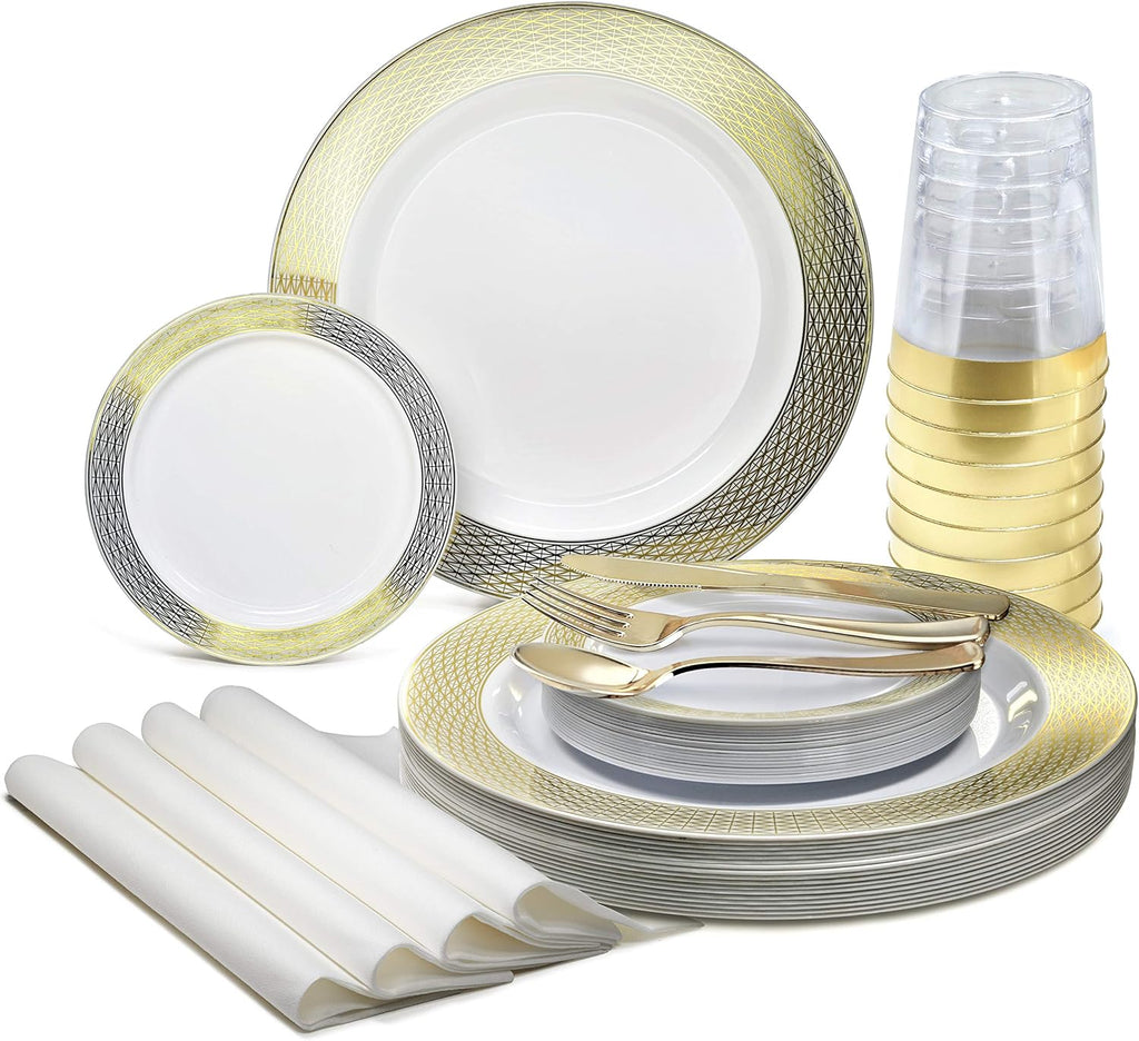 ' OCCASIONS ' 840pcs set (120 Guests)-Heavyweight Wedding Party Disposable Plastic Plate Set-120 x 10.5'' + 120 x 6.25'' + Gold Silverware + Cups + Napkins (Diamond White & Gold)