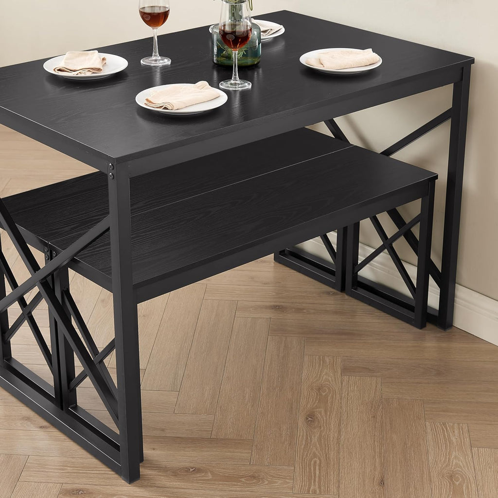 VECELO 43.3' Kitchen Dining Table Set for 4, Heavy-Duty Steel Frame & Wood-Grain Tabletop, Spaving Saving Dinette Sets with 2 Benches for Breakfast Nook and Small Space, Black