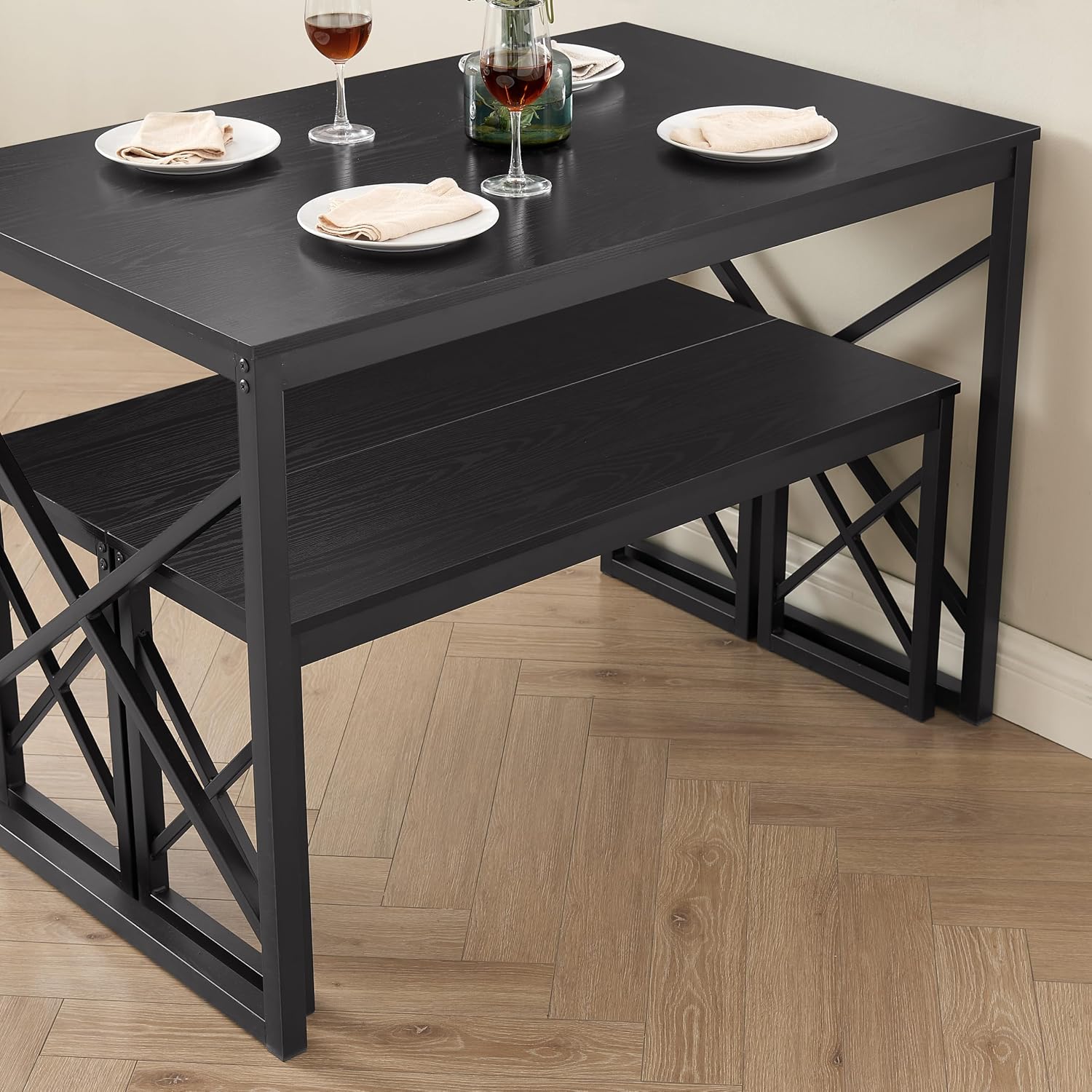 VECELO 43.3' Kitchen Dining Table Set for 4, Heavy-Duty Steel Frame & Wood-Grain Tabletop, Spaving Saving Dinette Sets with 2 Benches for Breakfast Nook and Small Space, Black