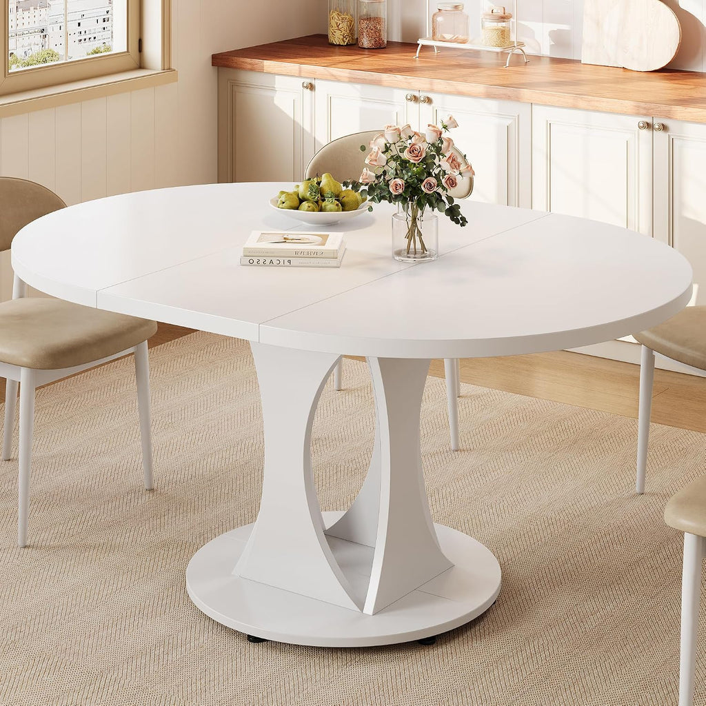 Einhomn 59' Extendable Round Dining Table for 6-8, Kitchen Table with Sturdy Double Arc Base & Backboard Clasp Desktop, Mid-Century Modern Dinner Table, Kitchen Dining Room, Space Saving, White
