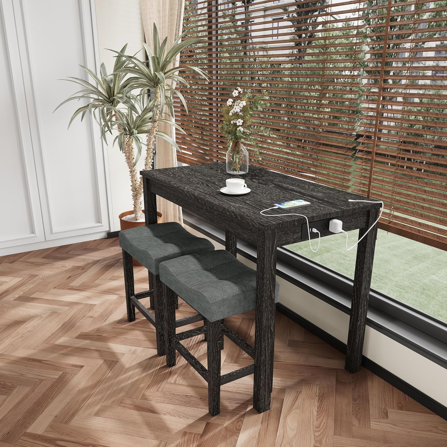 allamazing 3-Piece Counter Height Bar Table Set with Socket and 2 Fabric Padded Bar Stools, Tall Kitchen Breakfast Dining Table Set with Stools (1+2 Black)