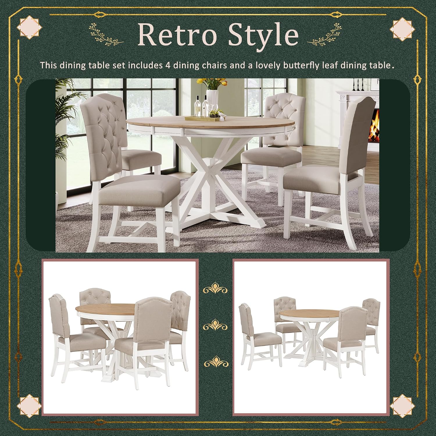 Bellemave Extendable Dining Table Set, 5-Piece Round Table Set with 4 Upholstered Chairs, Oval Kitchen Table Set with Extendable Table (Oak Natural Wood + Off White + Beige Cushions)