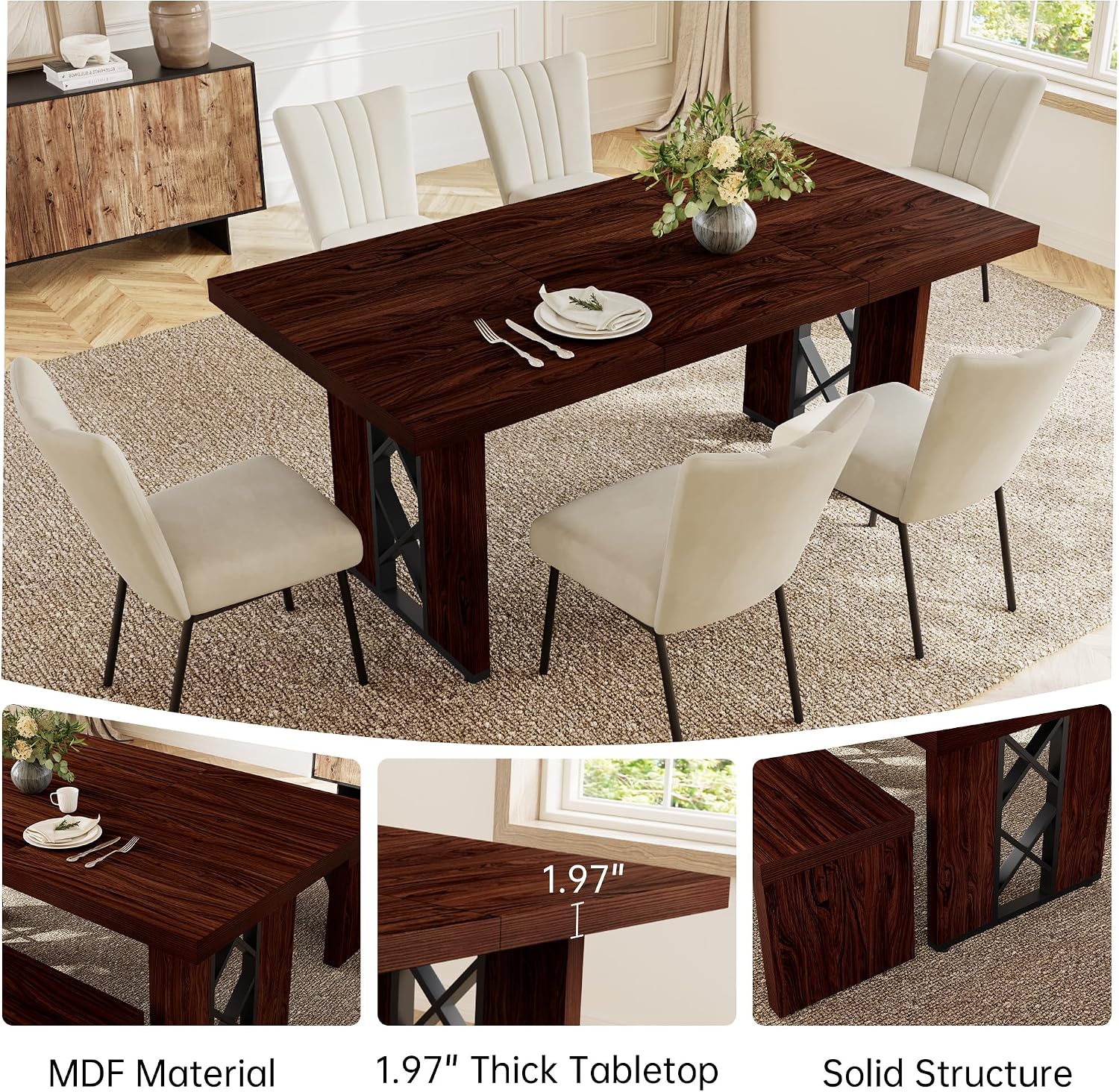 HIPIHOM 7-Piece Dining Table Set for 6 People, 70.8' MDF Kitchen Table with 6 Velvet Chairs, Space-Saving for Dining Room, Breakfast Nook(Walnut Table+6 Beige Chairs)