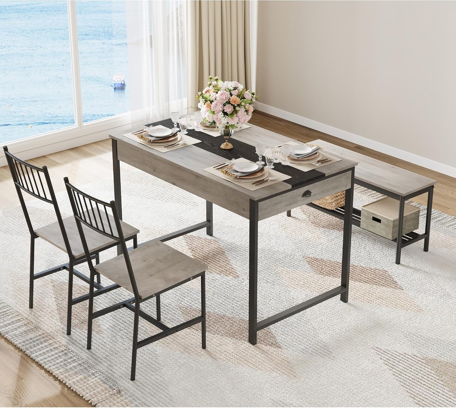 GarveeHome Dining Table Set for 4, Small Kitchen Table and 2 Chairs for 4 with Bench, Space Saving Kitchen Table Set with Storage Rack & Drawers, Breakfast Nook Rectangular Farmhouse Table Set, Grey