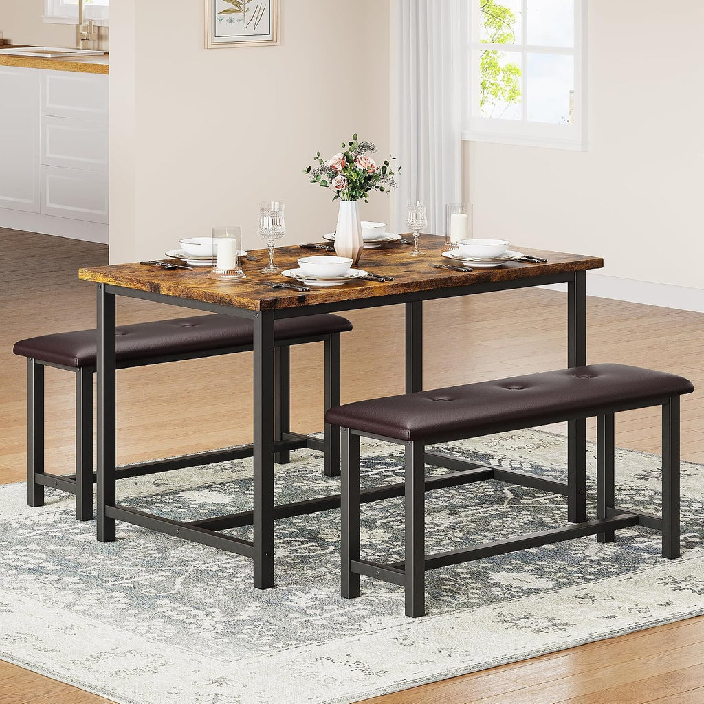 IDEALHOUSE Dining Table Set for 4, Kitchen Table with Upholstered Bench, Rectangular Dining Room Table Set with 2 Benches, 3 Piece Kitchen Table Set for Small Space, Apartment, Studio, Rustic Brown