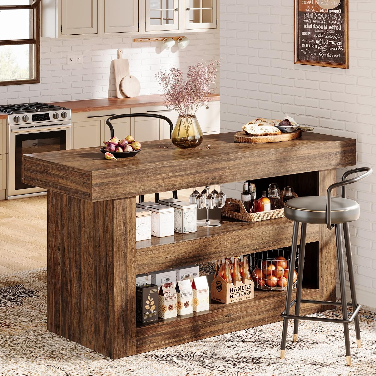 Tribesigns 55-Inch Kitchen Island with Storage, Farmhouse 3-Tier Stationary Island Table with Large Countertop, Wooden Coffee Bar Table Storage Cabinet for Kitchen, Dining Room, Living Room, Brown