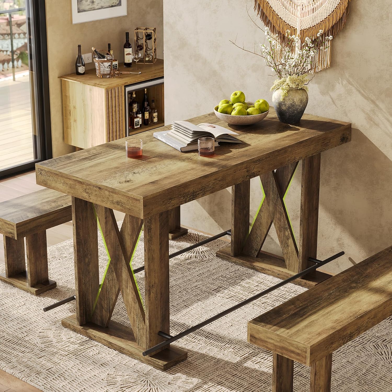 LITTLE TREE 63-Inch Industrial Bar Table with Metal Footrest, Kitchen Pub Table with Sturdy and Heavy Duty X-Base, for Dining Room, Living Room, Home Bar (Mocha, 2)