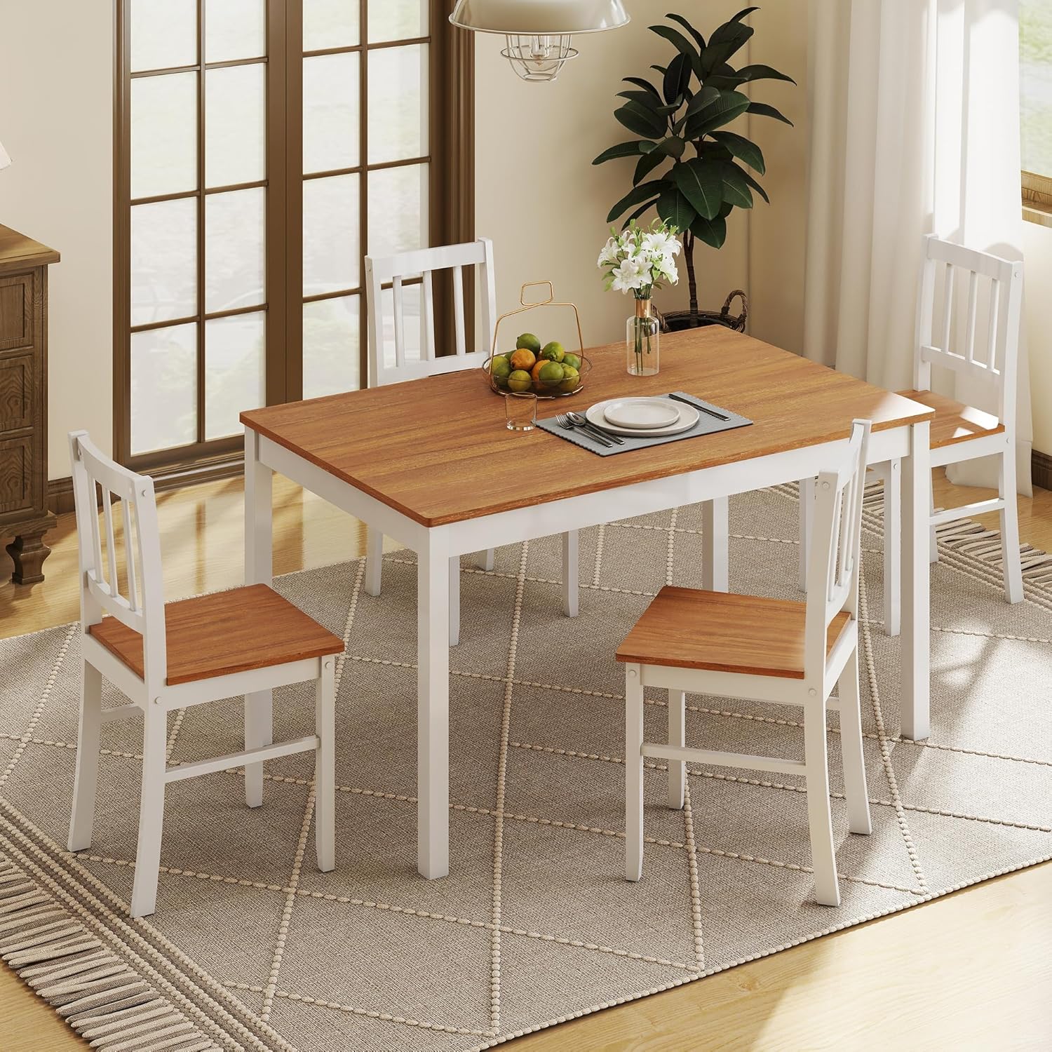 5-Piece Dining Table Set for 4, Solid Wood Farmhouse Rectangular Kitchen Table Set with 4 Chairs, Space-Saving Wooden Dinette Set for Small Space, Dining Room, Breakfast Nook, Brown & White