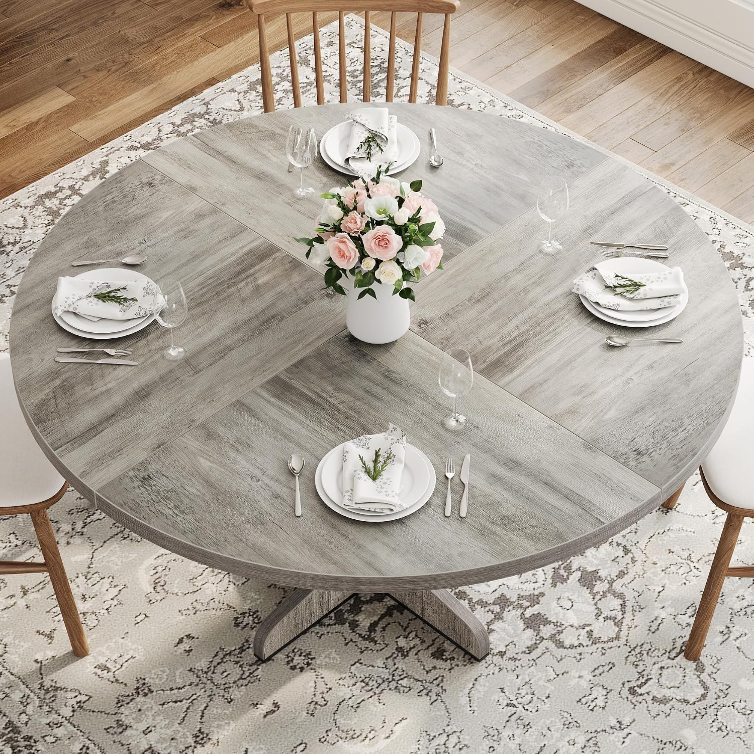 IDEALHOUSE Round Dining Table for 4, 47 Inches Dining Room Table with Wooden Base, Circle Kitchen Dinner Table for Dining Room, Kitchen, Living Room (Table Only), Grey