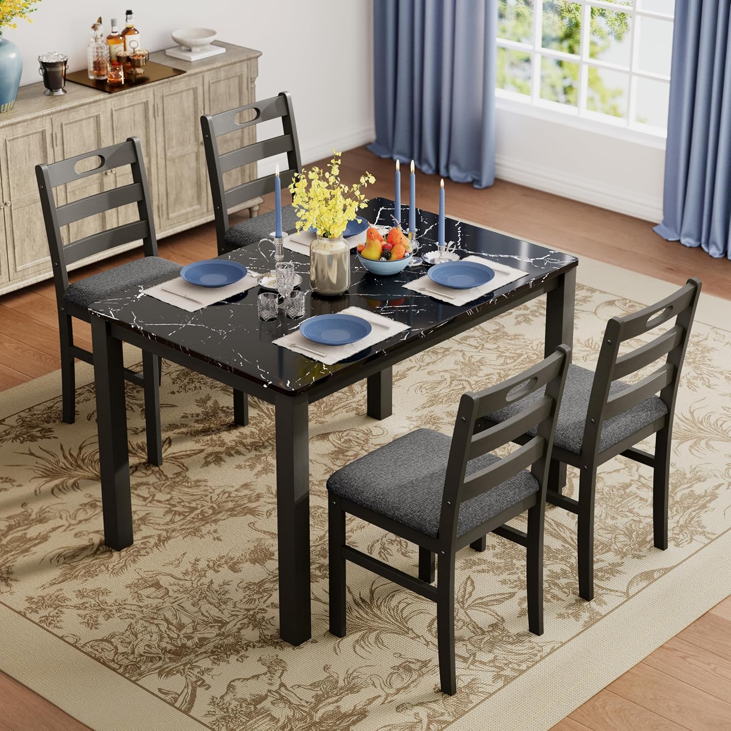 PHI VILLA 5 Piece Dining Table Set for 4, Marble Design Kitchen Table Chairs Set of 4, Solid Wood Space-Saving Dining Room Table Set for Apartment, Veined Black Marble& Gray