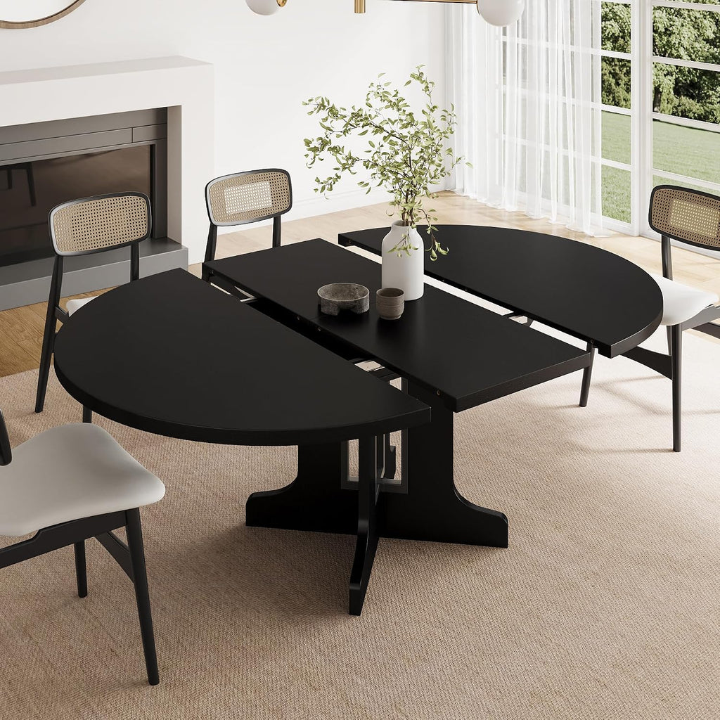 Feonase 59' Round Extendable Dining Room Table for 4-6, Modern Oval Kitchen Table with Heavy Duty Wood Base, Metal Frame Support, for Kitchen Dining Living Room, Easy Assembly, Black