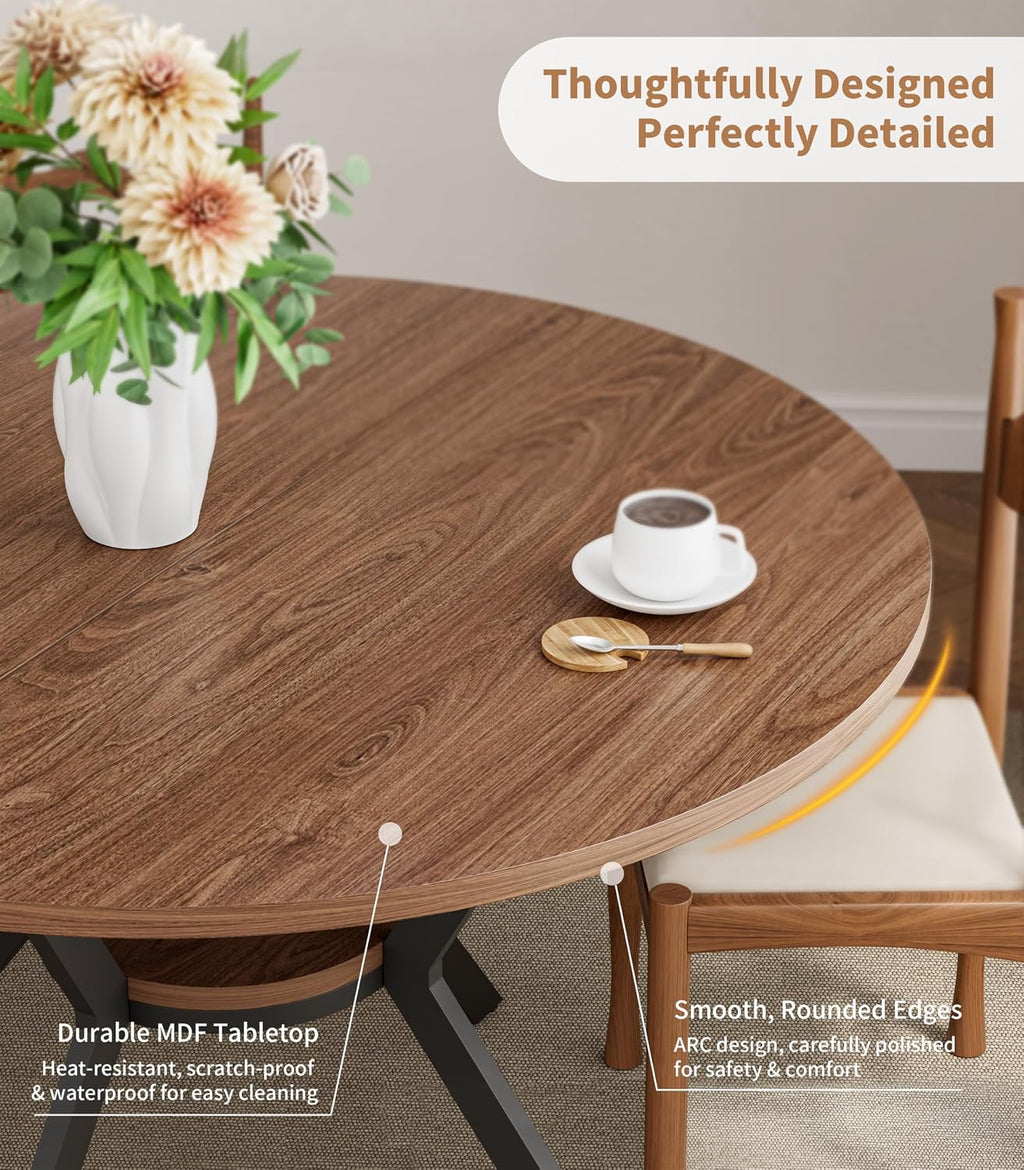 42' Round Dining Table for 4, Farmhouse Kitchen Table with Storage, Space Saving Circle Dinner Table, Rustic Wood Kitchen & Dining Room Tables with Metal Legs for Kitchen, Living Room, Dining Room