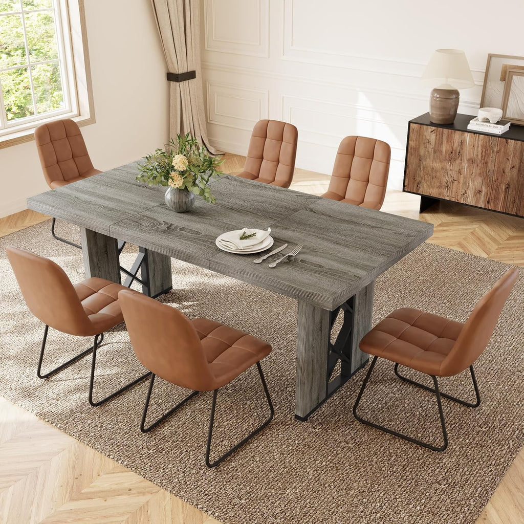 HIPIHOM 7-Piece Dining Table Set for 6 People, 70.8' MDF Kitchen Table with 6 Upholstered Chairs, Space-Saving for Dining Room, Breakfast Nook(Grey Table+6 Brown Chairs)