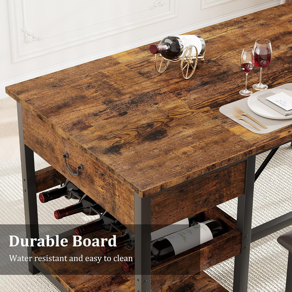 GarveeHome Dining Table Set for 4, Kitchen Dining Table Set with Upholstered Benches, Kitchen Dining Room Table with Storage Drawers & Wine Rack for Small Space, Rustic Brown