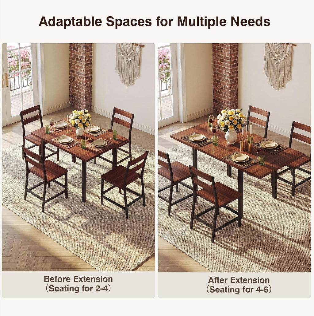 HUAHUU Extendable Dining Table Set for 4, Wood Kitchen Table with 4 Curved Backrest Chairs, Dining Room Table with MDF Board & Metal Frame, Saving Space for Small Apartment, Easy Assembly, Walnut
