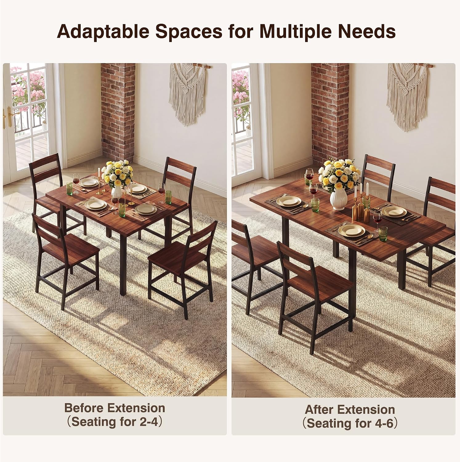 HUAHUU Extendable Dining Table Set for 4, Wood Kitchen Table with 4 Curved Backrest Chairs, Dining Room Table with MDF Board & Metal Frame, Saving Space for Small Apartment, Easy Assembly, Walnut