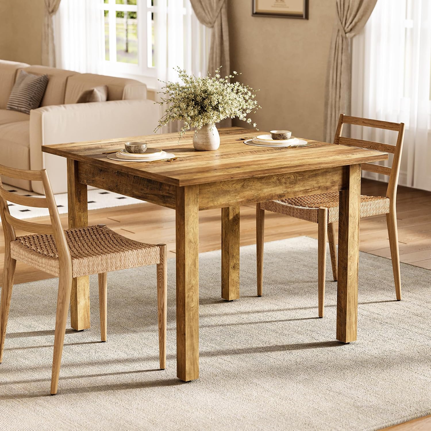 LITTLE TREE 39 Inches Square Dining Table for 4 People, Industrial Wooden Kitchen Table Small Dinner Table, Modern Dining Room Tables for Living Room, Kitchen, Rustic Brown