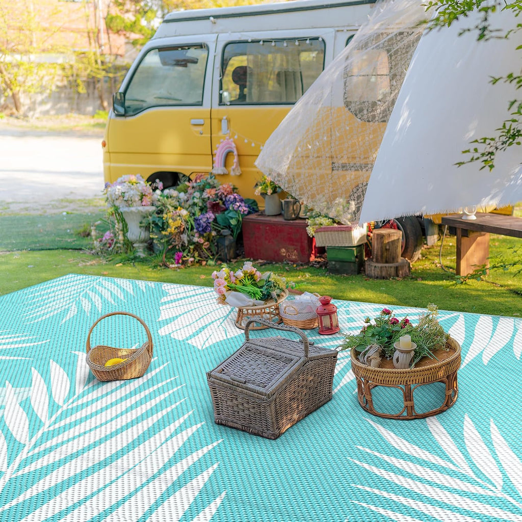 GENIMO Outdoor Rug 10' x 14' Waterproof for Patios Clearance, Reversible Outdoor Plastic Straw Camping Rug Carpet, Large Area Rugs Mats for RV, Camper, Deck, Balcony, Porch, Beach, Aqua Blue&White