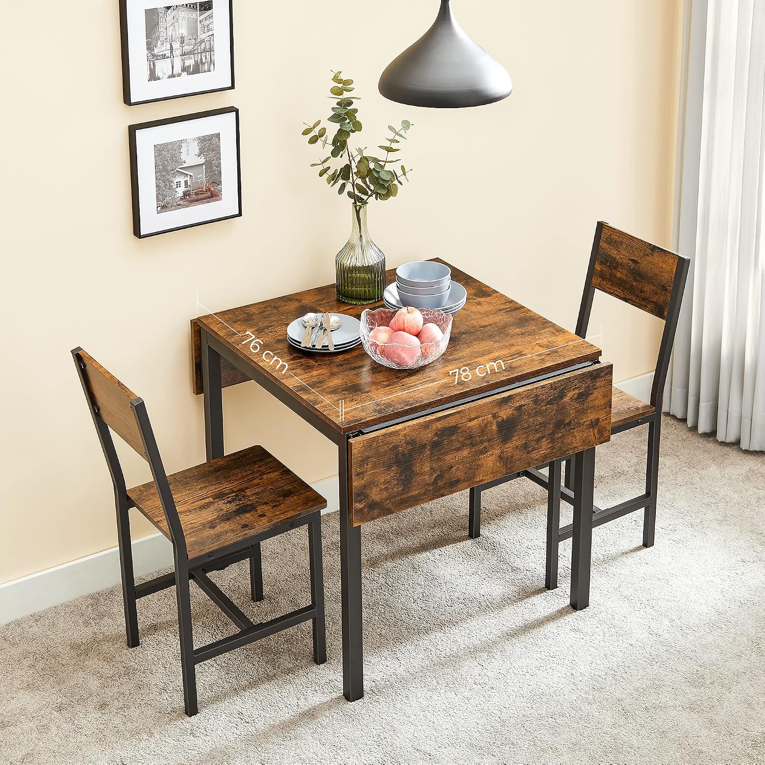 VASAGLE Extendable Dining Set, Dining Table with 4 Chairs, for Kitchen, 33.3-47.3 Inches Wide, Steel Frame, Rustic Brown and Ink Black LDC092B01V1-02