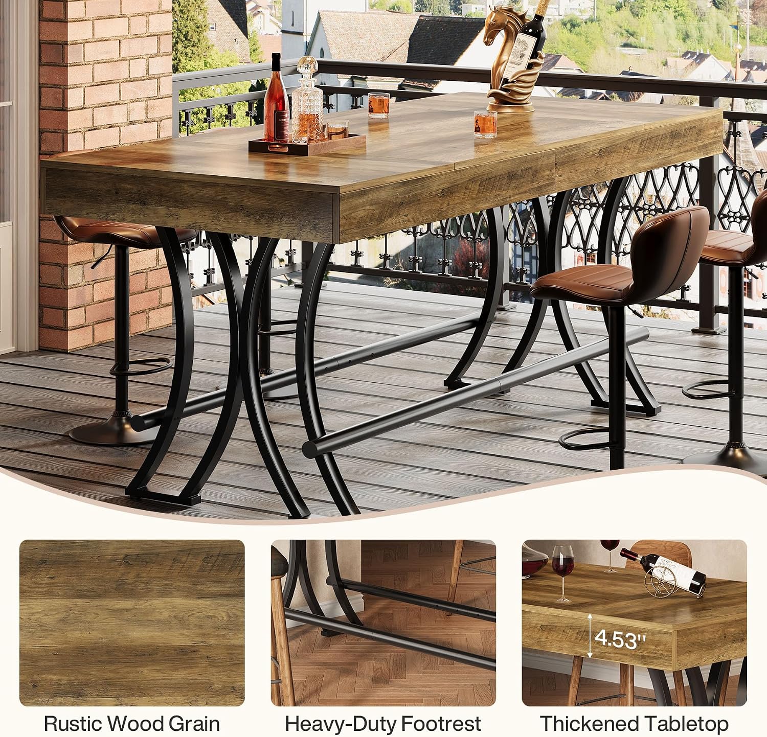 Tribesigns 63' Counter Height Bar Table with Metal Footrest, Rectangular Tall Kitchen Dining Pub Table, Industrial Home Bar Unit for Entertaining, Freestanding, Dark Brown