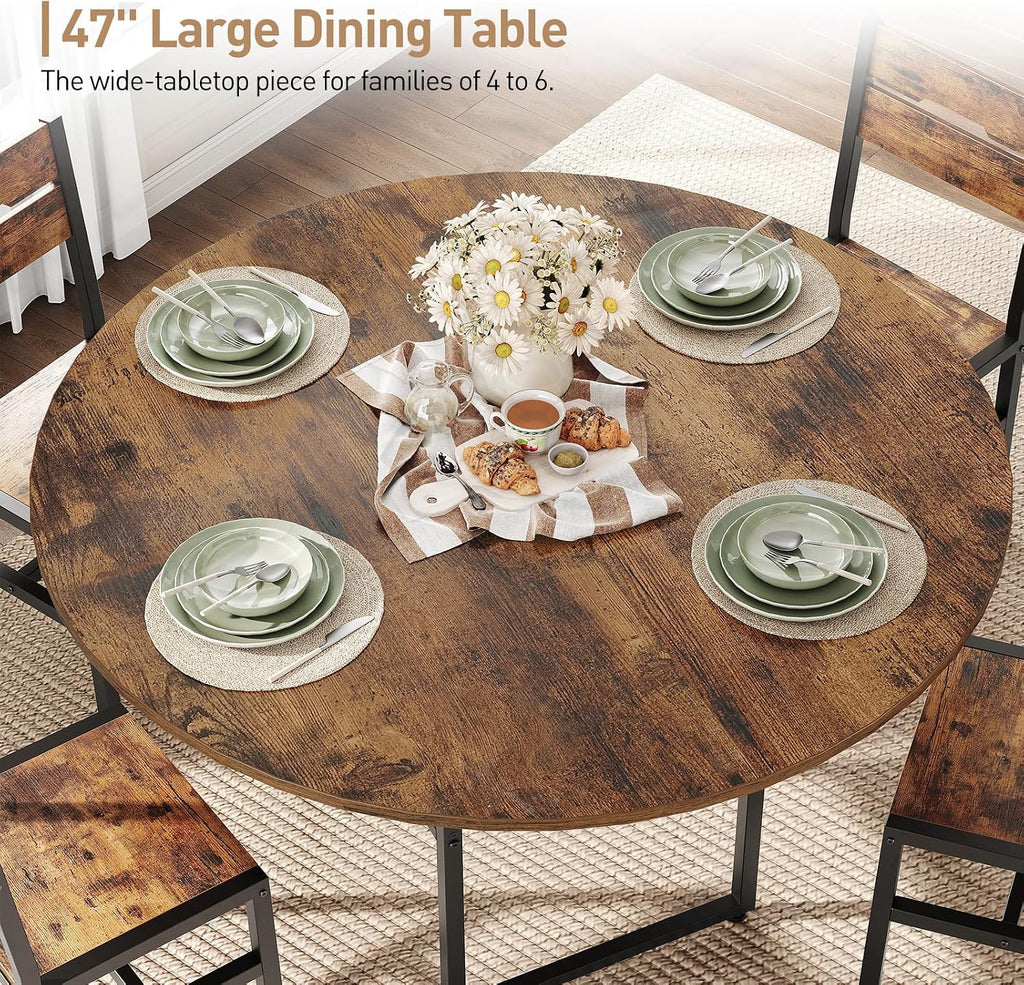 RALGEND 47.2' Round Dining Table Set for 4, Circle Kitchen Table and 4 Chairs, 5 piece Dining Table Set, with Wooden Tabletop and Widen Seat, Space Saving, for Dining Room, Rustic Brown and Black