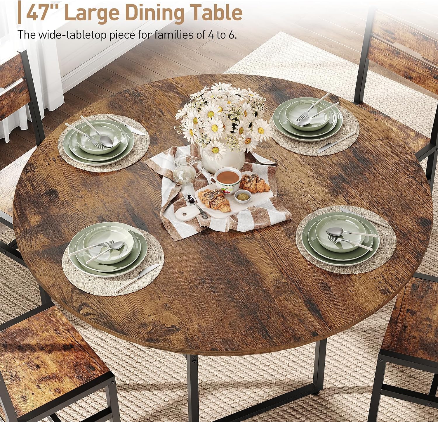 RALGEND 47.2' Round Dining Table Set for 4, Circle Kitchen Table and 4 Chairs, 5 piece Dining Table Set, with Wooden Tabletop and Widen Seat, Space Saving, for Dining Room, Rustic Brown and Black