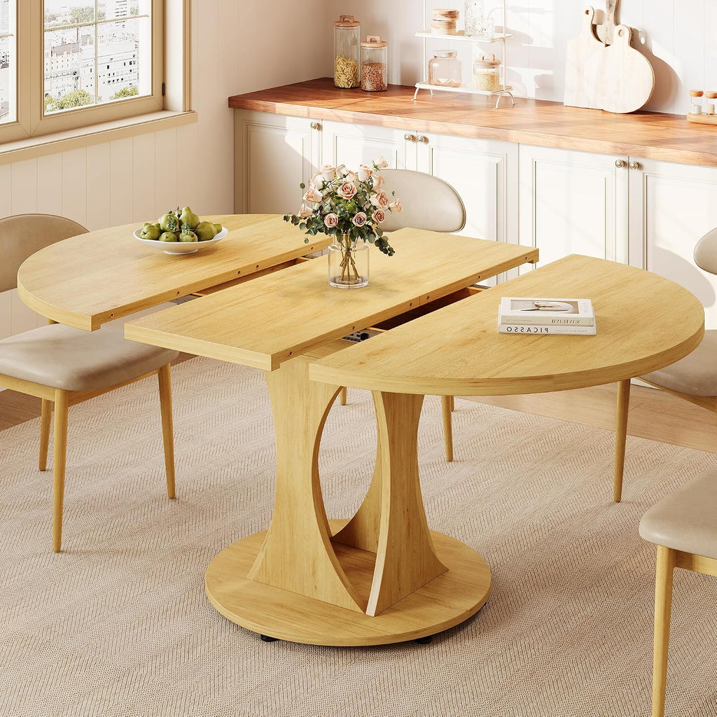 Einhomn 59' Extendable Round Dining Table for 6-8, Kitchen Table with Sturdy Double Arc Base & Backboard Clasp Desktop, Mid-Century Modern Dinner Table, Kitchen Dining Room, Space Saving, Natrual