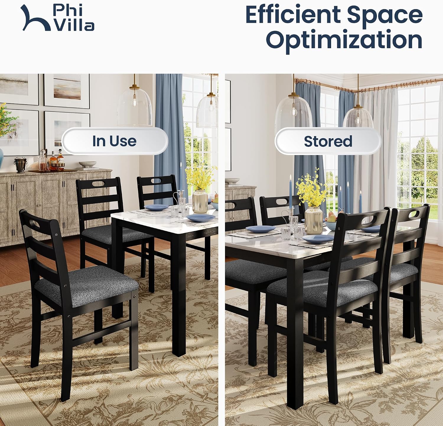 PHI VILLA Solid Wood Dining Table Set for 4, Marble Design Kitchen Table Chairs Set of 4, 5 Piece Space-Saving Dining Room Table Set for Apartment, Venatino White Marble& Black