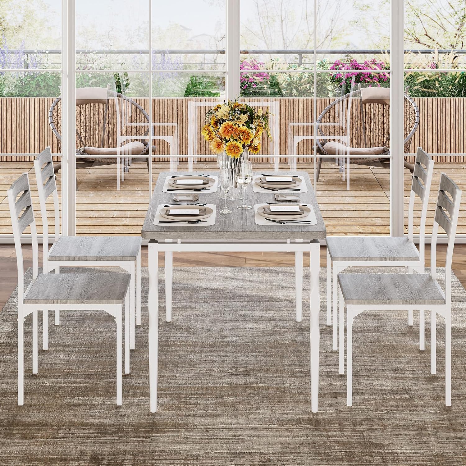 GarveeHome 5 Piece Dining Table Set, Industrial Style Dining Table and Chairs Set for 4, Kitchen Table Set for Dining Room Kitchen Apartment, Grey