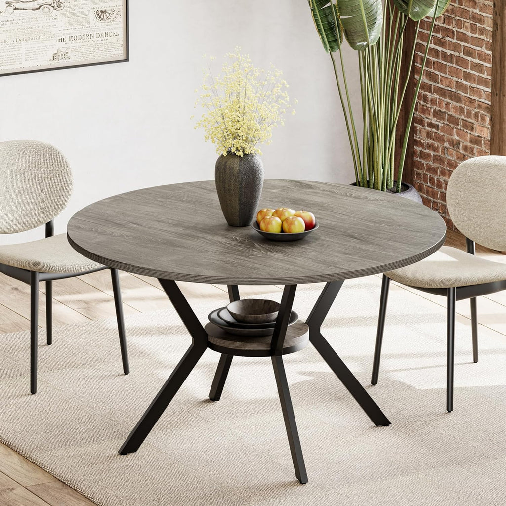 Round Dinner Table for 2-4, 42 Inch Kitchen & Dining Room Table with Storage, Wooden Circle Dining Table, Mid Century Modern Dining Table with Metal Legs for Kitchen, Living Room, Dining Room, Grey