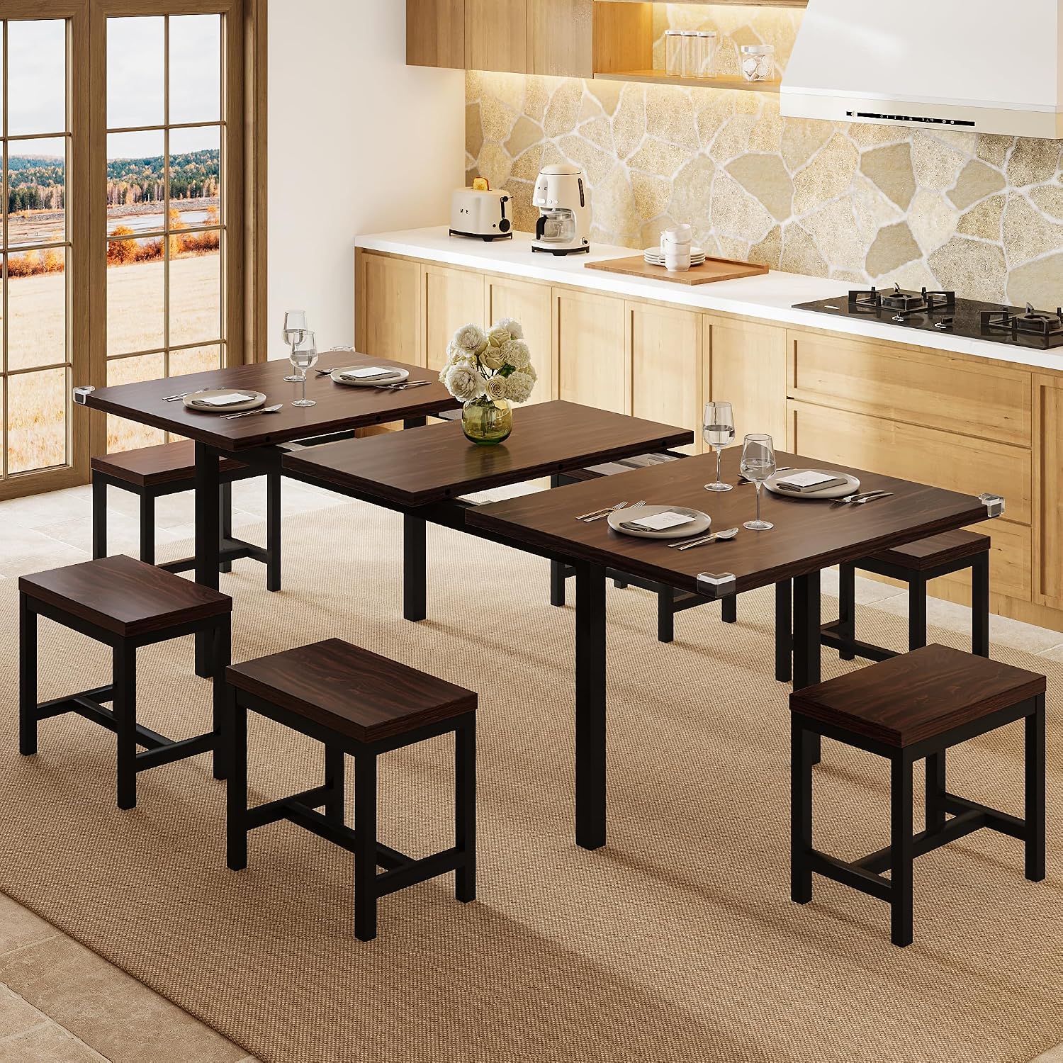 Einhomn 7-Piece Dining Table Set, 63' Extendable Kitchen Room Table with 6 Stools, Mid Century Modern Dinner Table with Metal Frame & MDF Board, Space-Saving, Easy Assembly, Espresso