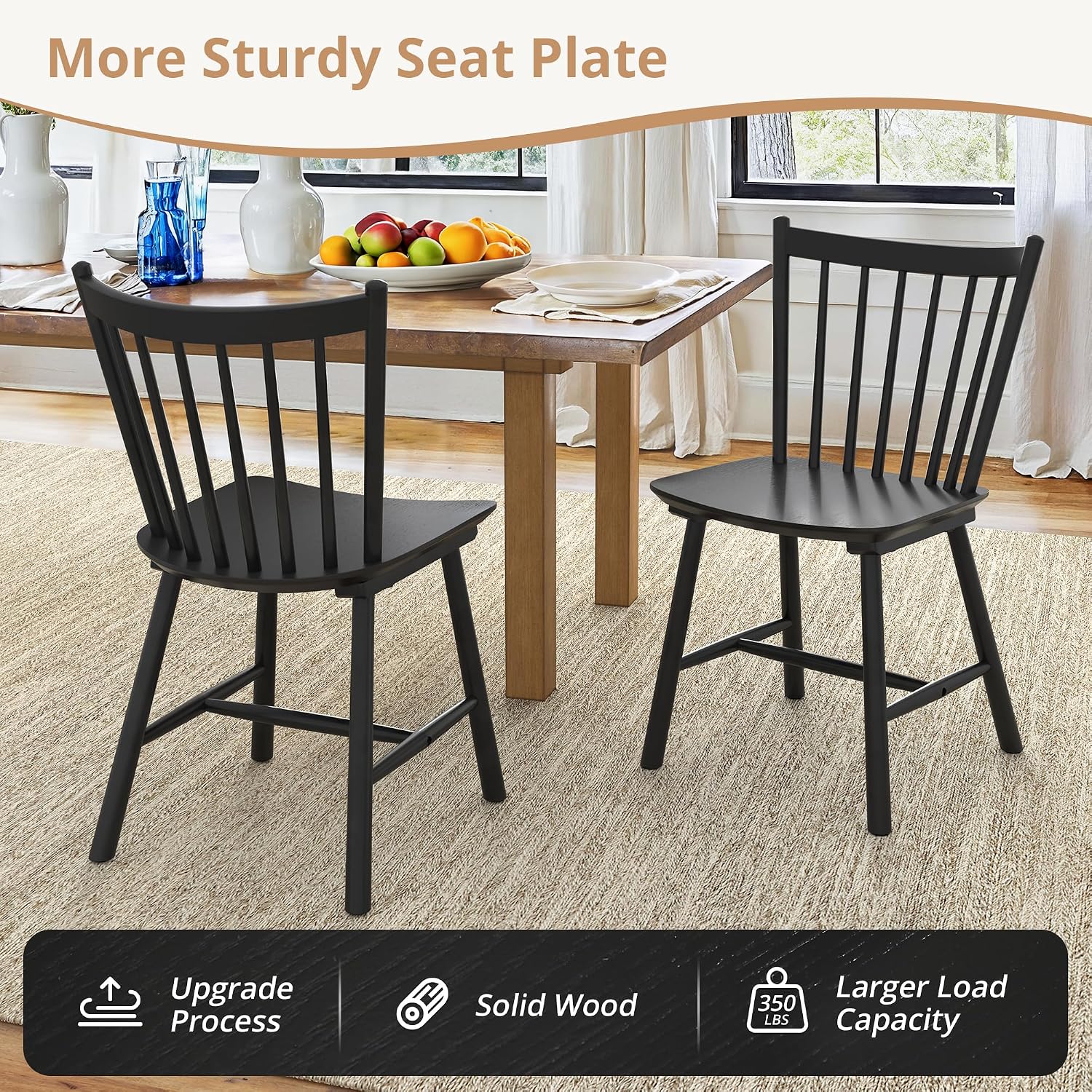 LUE BONA Upgraded Dining Chairs Set of 2, Farmhouse Wooden Spindle Back Kitchen Chairs, Windsor Dining Chairs for Kitchen and Dining Room, Black