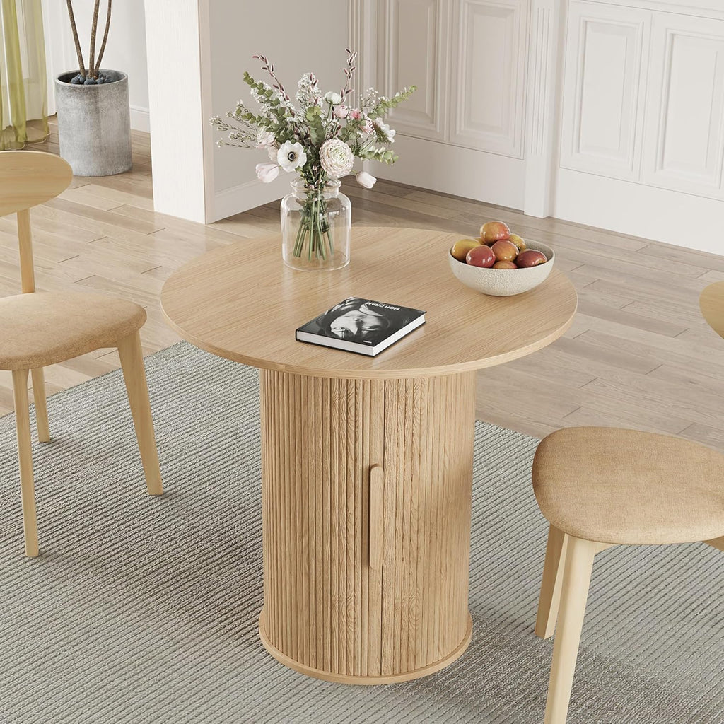 31.5' Round Dining Table for 2-4, Modern Farmhouse Kitchen Table with 2-Tier Storage Shelf, Small Wooden Circle Dining Tables with Fluted Base for Home Dining Room Living Room (Natural)