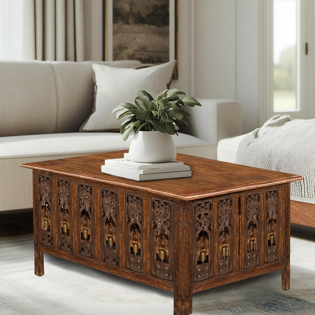 COTTON CRAFT Solid Wood Coffee Table – Ghanti Bells Hand Carved Center Table with Foldable Legs – Decorative Table - Living Room Small Spaces Bedroom - No Tools Assembly -30.5x21.5x18- Antique Brown
