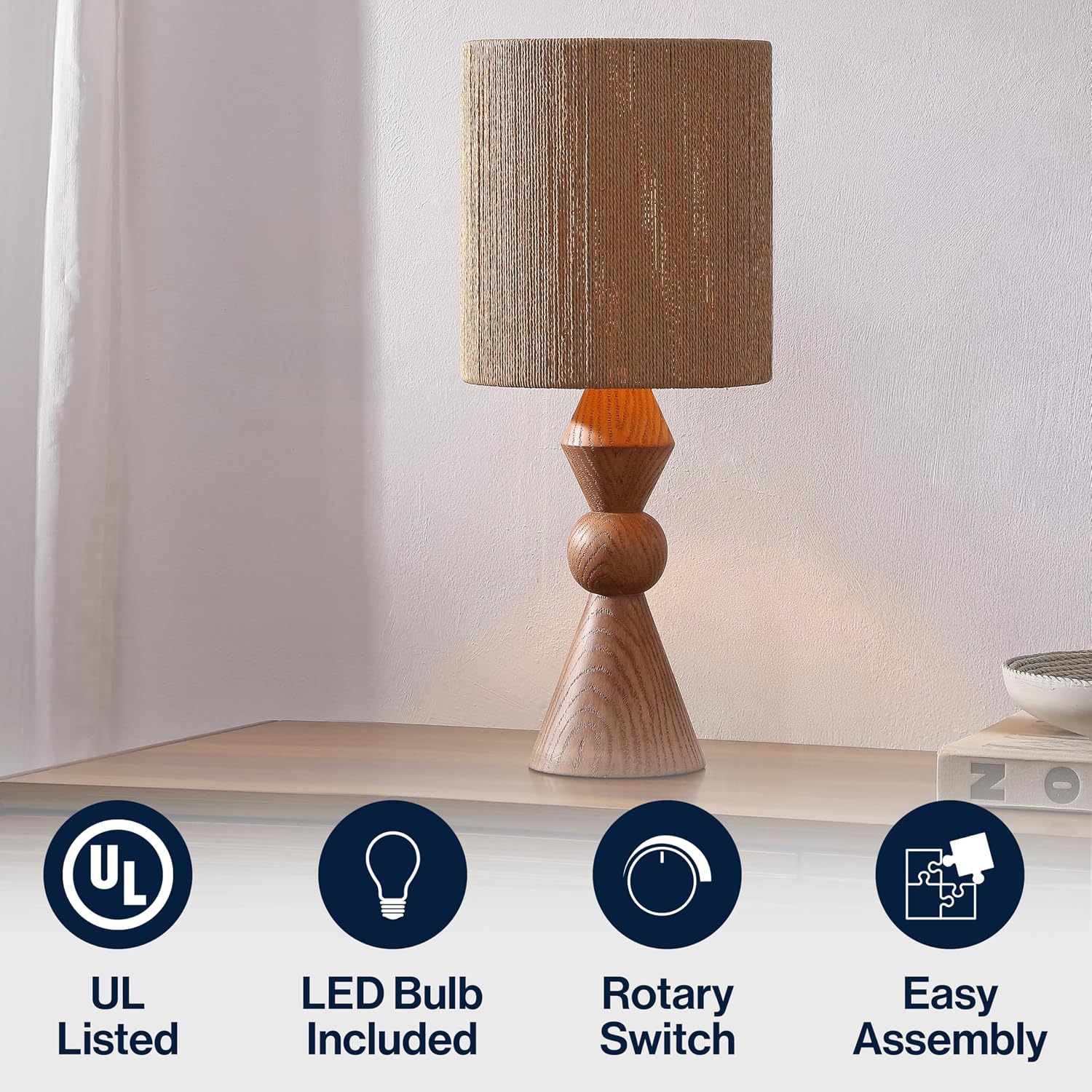 JONATHAN Y 23.5' Brown Wood Finish Rustic Table Lamp for Living Room Bedroom with Brown Paper Rope Shade, Modern Farmhouse Resin Nightstand Lamp, LED Bulb Included JYL9202A