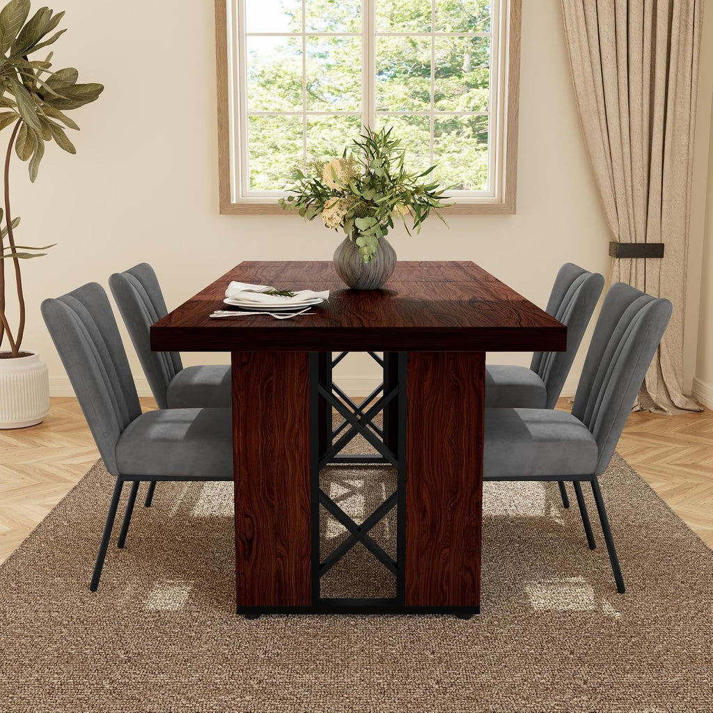HIPIHOM 7-Piece Dining Table Set for 6 People, 70.8' MDF Kitchen Table with 6 Velvet Chairs, Space-Saving for Dining Room, Breakfast Nook(Walnut Table+6 Grey Chairs)