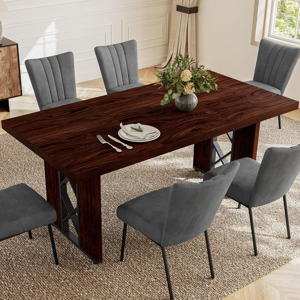 HIPIHOM 7-Piece Dining Table Set for 6 People, 70.8' MDF Kitchen Table with 6 Velvet Chairs, Space-Saving for Dining Room, Breakfast Nook(Walnut Table+6 Grey Chairs)