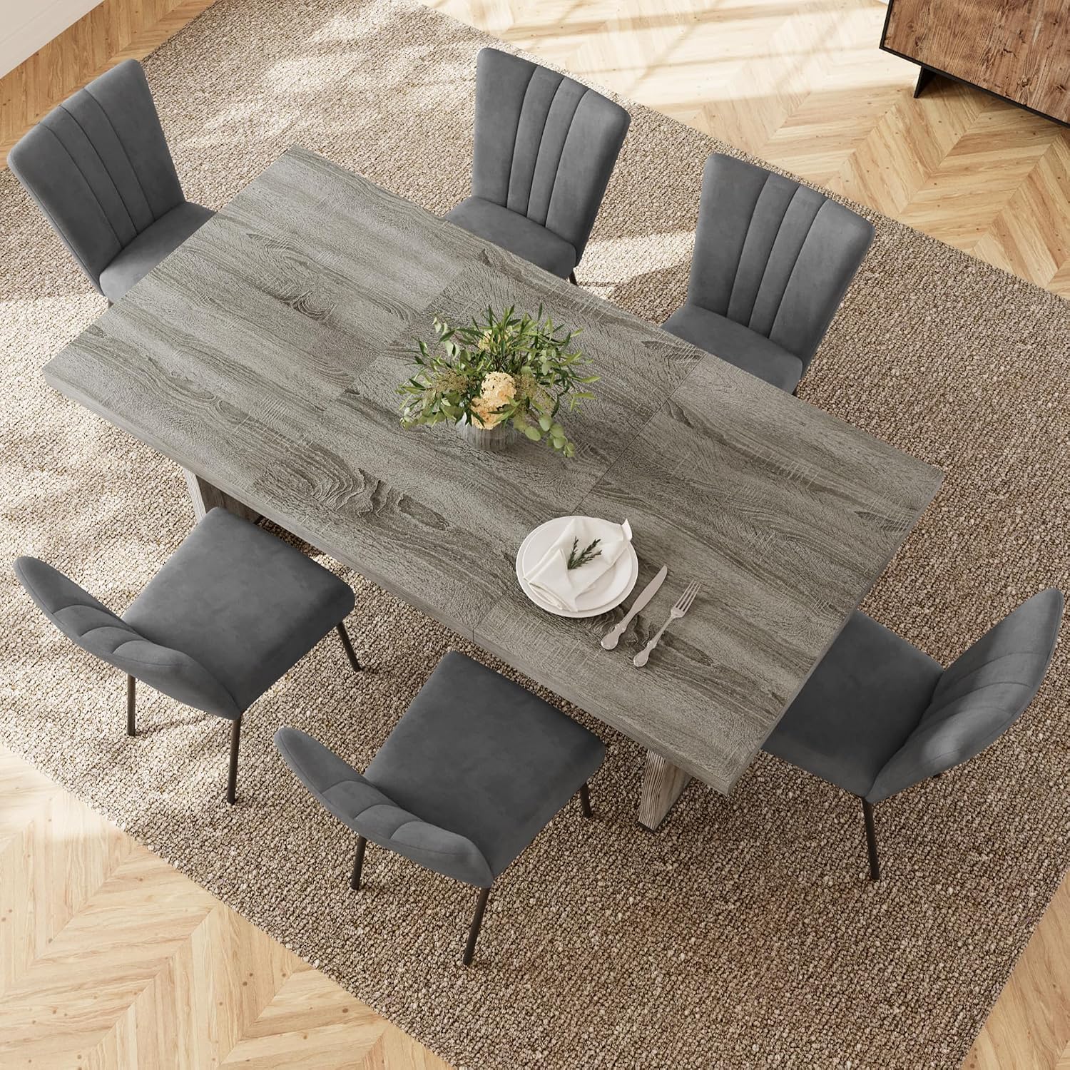 HIPIHOM 7-Piece Dining Table Set for 6 People, 70.8' MDF Kitchen Table with 6 Velvet Chairs, Space-Saving for Dining Room, Breakfast Nook(Grey Table+6 Grey Chairs)