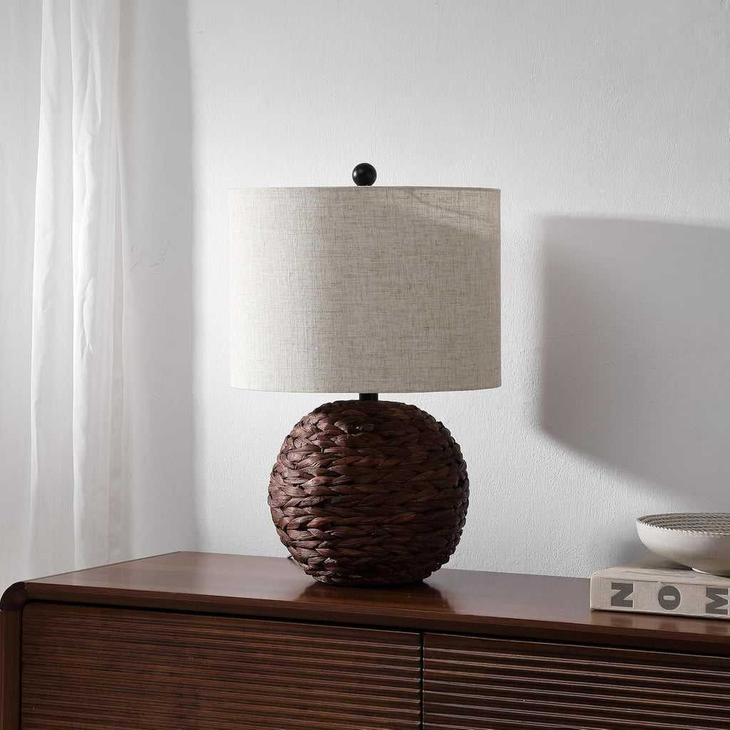JONATHAN Y 21.5' Dark Brown Modern Coastal Woven Rattan Globe LED Table Lamp for Bedroom, Oatmeal Linen Drum Shade, LED Bulb Included, Rustic Bedside Lamp for Living Room (JYL6514B)