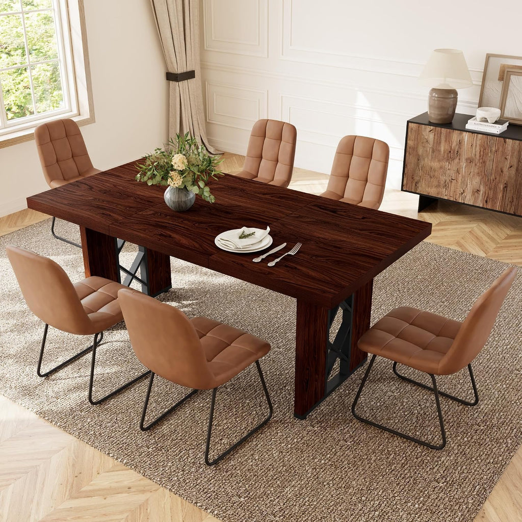 HIPIHOM 7-Piece Dining Table Set for 6 People, 70.8' MDF Kitchen Table with 6 Upholstered Chairs, Space-Saving for Dining Room, Breakfast Nook(Walnut Table+6 Brown Chairs)