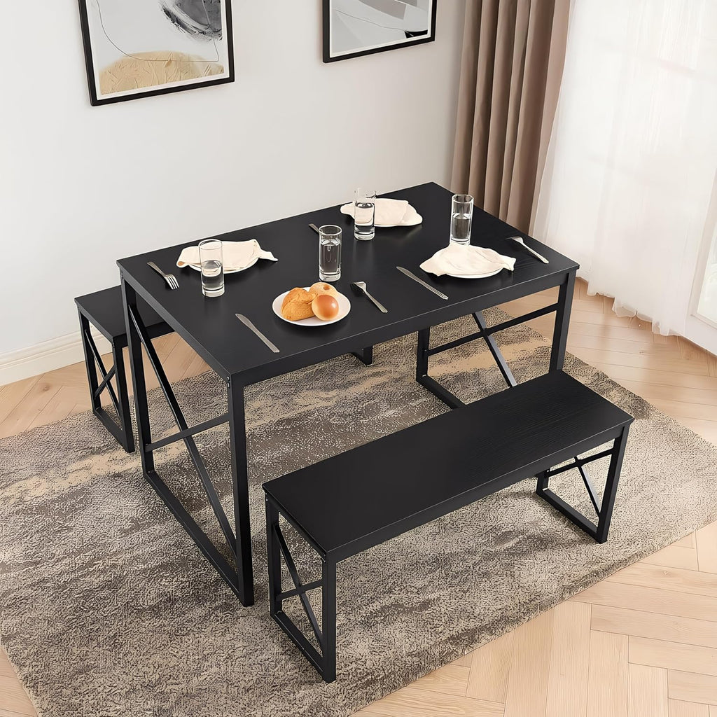 VECELO 43.3' Kitchen Dining Table Set for 4, Heavy-Duty Steel Frame & Wood-Grain Tabletop, Spaving Saving Dinette Sets with 2 Benches for Breakfast Nook and Small Space, Black